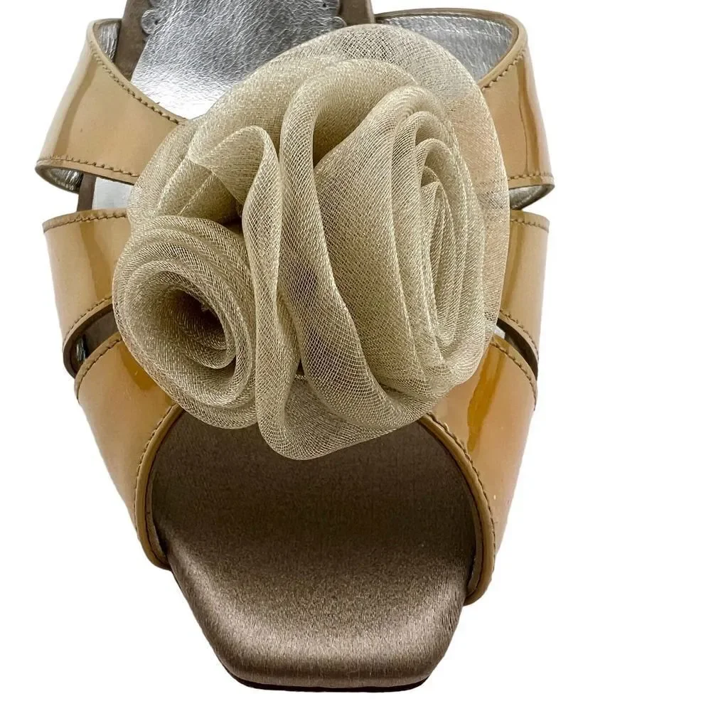 New Giorgio Armani Women US 9 Shoes Beige Patent Leather Wedge High Heel Sandals - Picture 10 of 14